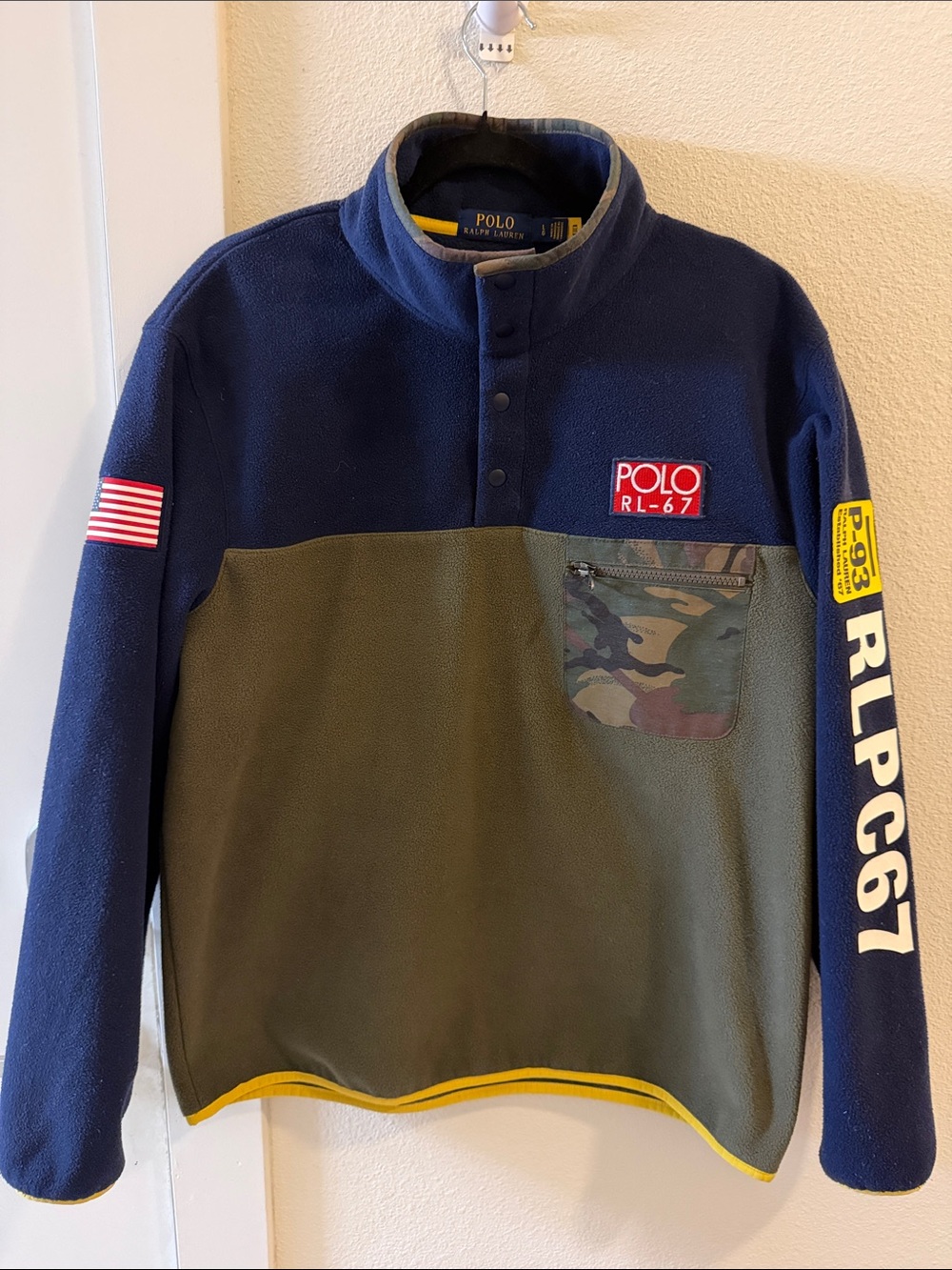 Polo Ralph Lauren RL-67 Fleece Pullover Men’s L Camo Pocket USA Flag